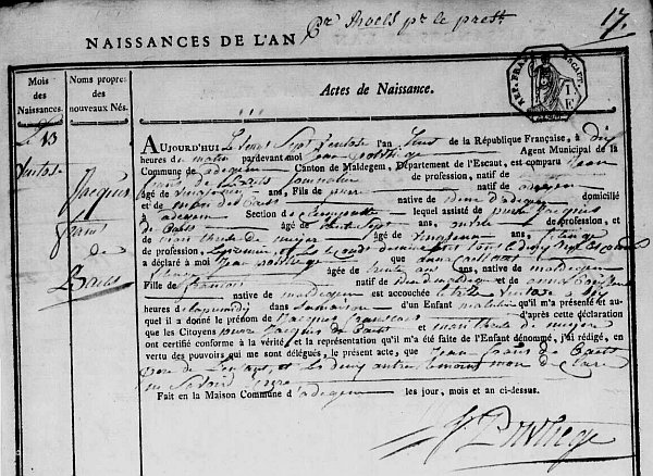 Geboorteakte Jacob Frans De Baets