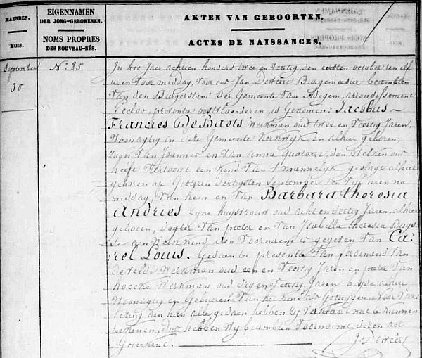 Geboorteakte van Karel Louis De Baets